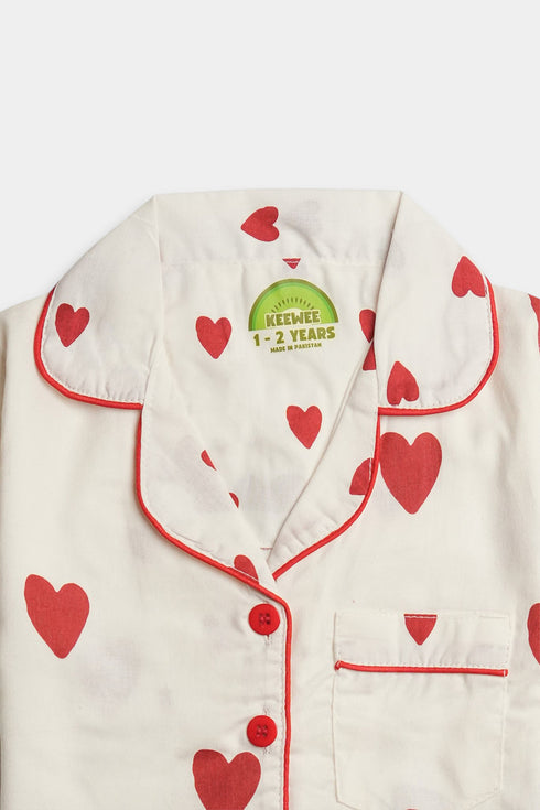 Printed Heart Nightsuit - White