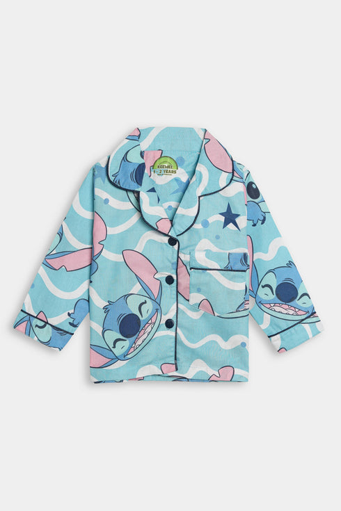 Printed Wavy Stitch Nightsuit - Blue