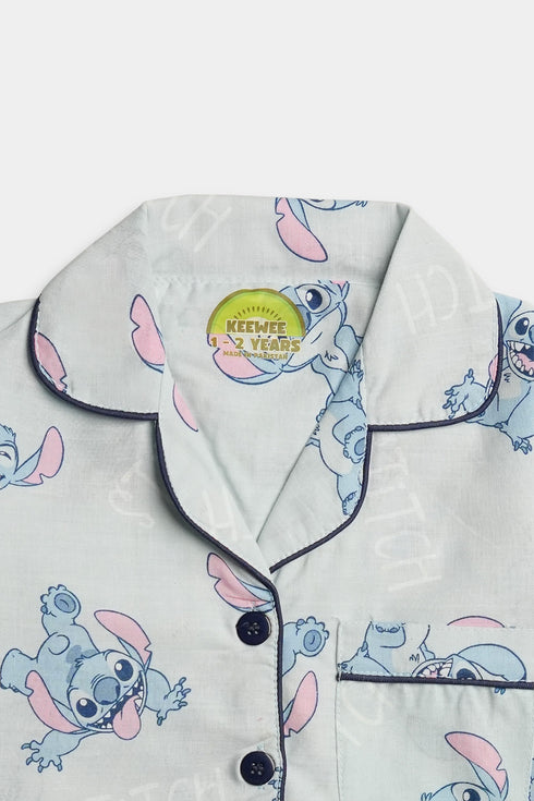 Printed Stitch Nightsuit - Light Blue