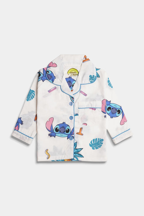 Printed Pineapple Stitch Nightsuit - White