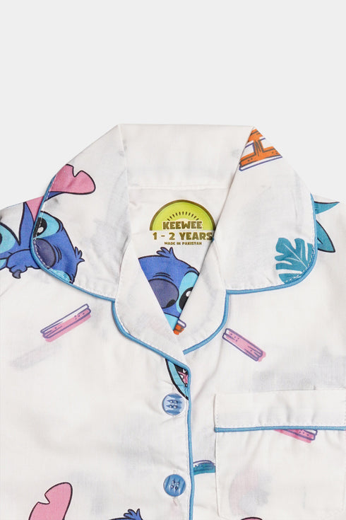 Printed Pineapple Stitch Nightsuit - White