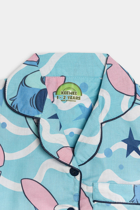 Printed Wavy Stitch Nightsuit - Blue