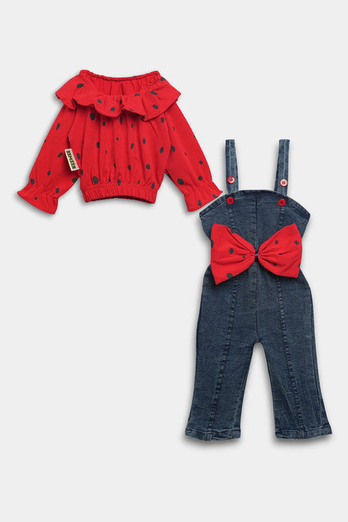 Printed Bow Romper - Red