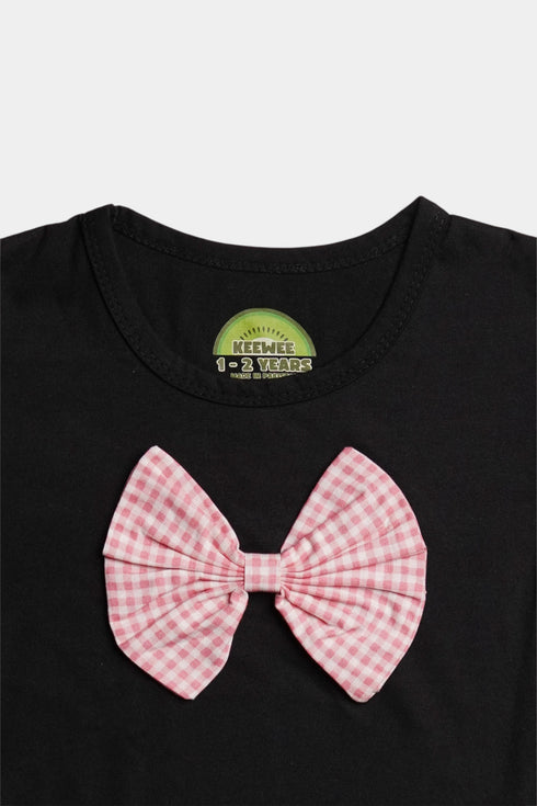 Printed Bow Pleated Skirt Set - Black