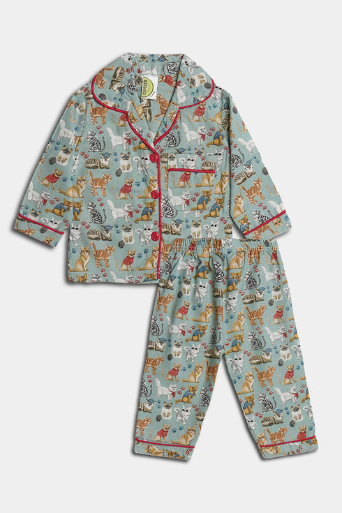 Printed Cats Nightsuit - Full Sleeves
