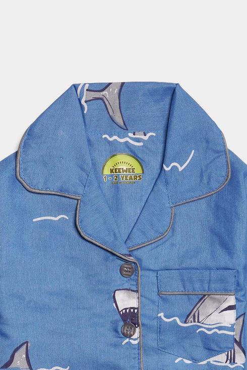 Printed Shark Nightsuit - Blue