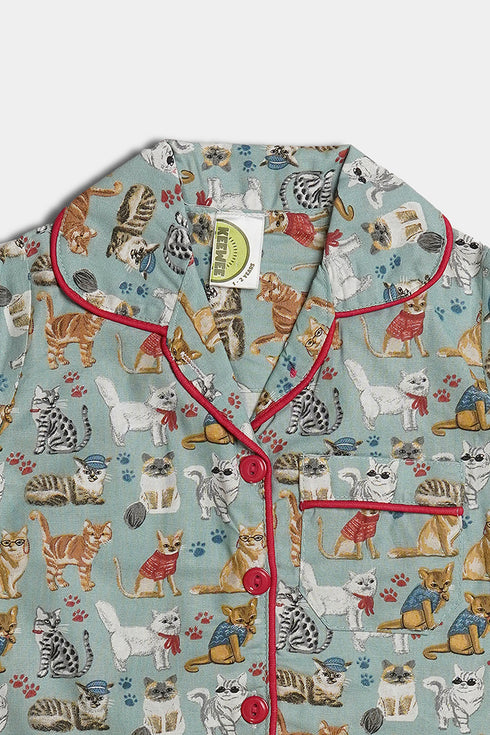 Printed Cats Nightsuit - Full Sleeves