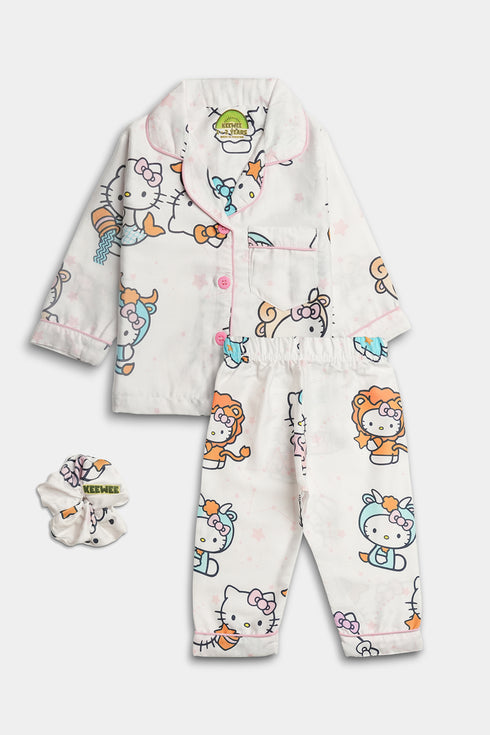 Printed Kitty Nightsuit - White