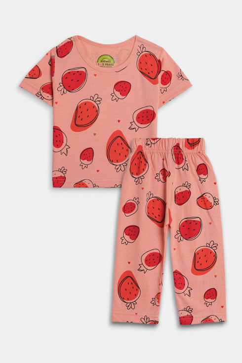 Printed Strawberry Nightsuit - Pink