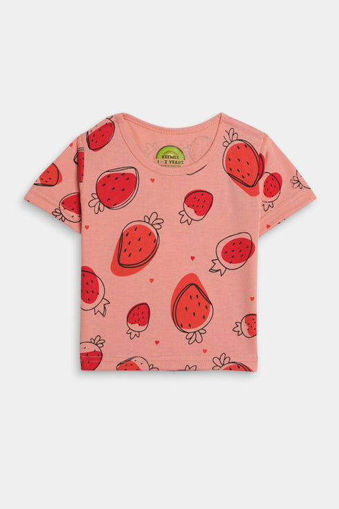 Printed Strawberry Nightsuit - Pink