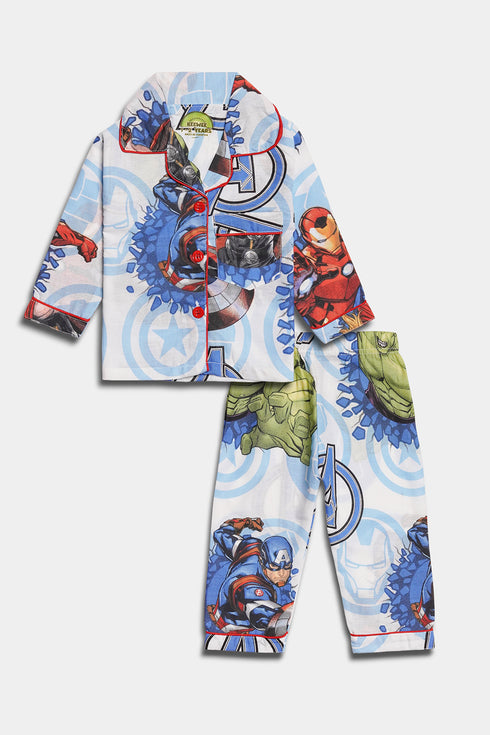 Printed Avengers Nightsuit - White