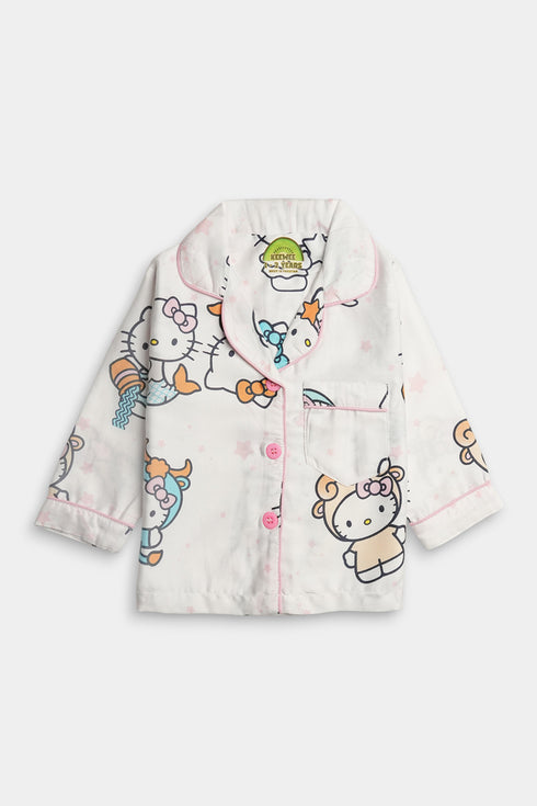 Printed Kitty Nightsuit - White