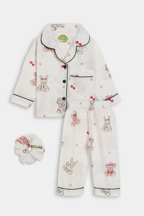 Printed Teddy Nightsuit - White