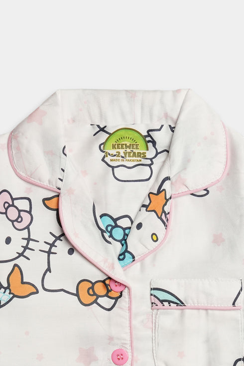 Printed Kitty Nightsuit - White