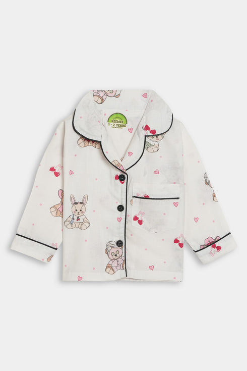Printed Teddy Nightsuit - White