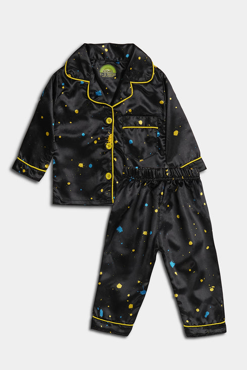 Printed Splash Silk Nightsuit - Black