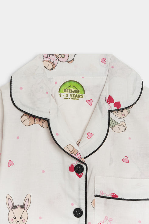 Printed Teddy Nightsuit - White