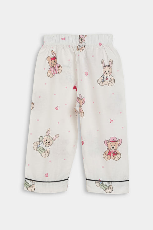 Printed Teddy Nightsuit - White