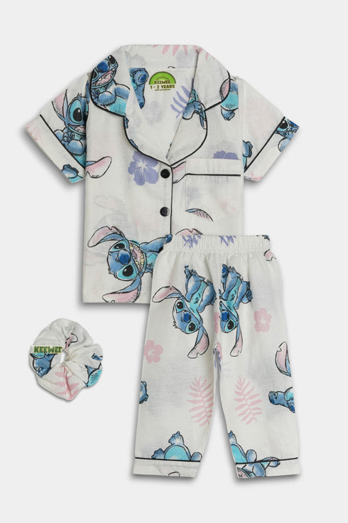 Printed Stitch Flowers Nightsuit - White