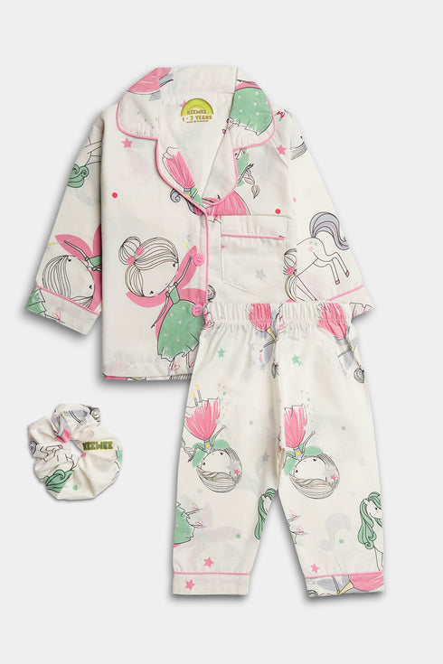 Printed Doll Nightsuit - White