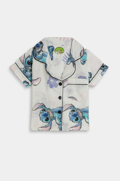 Printed Stitch Flowers Nightsuit - White