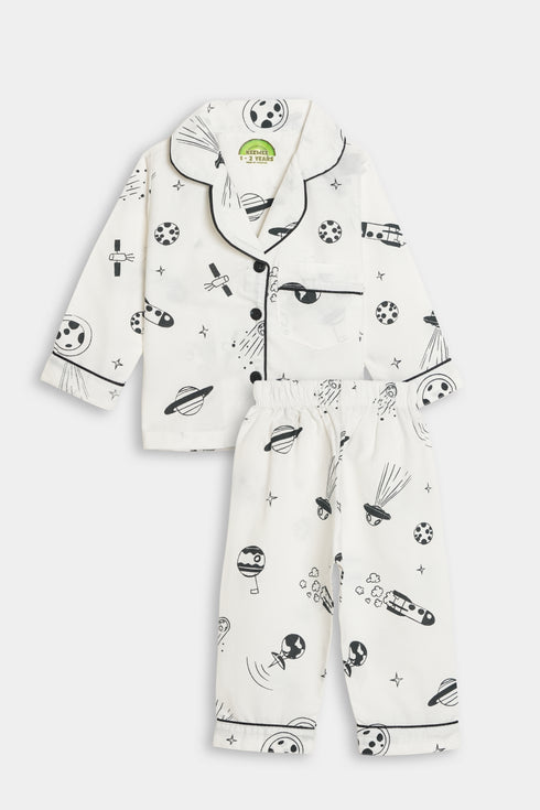 Printed Space Nightsuit - White