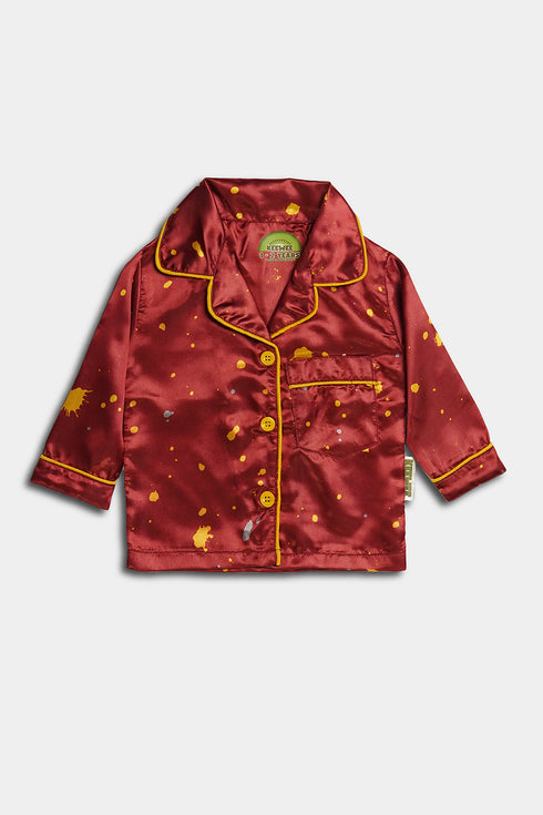 Printed Splash Silk Nightsuit - Red