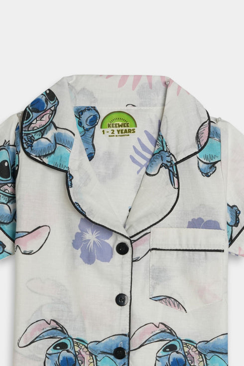 Printed Stitch Flowers Nightsuit - White