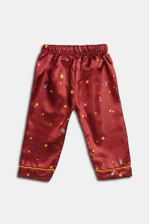 Printed Splash Silk Nightsuit - Red