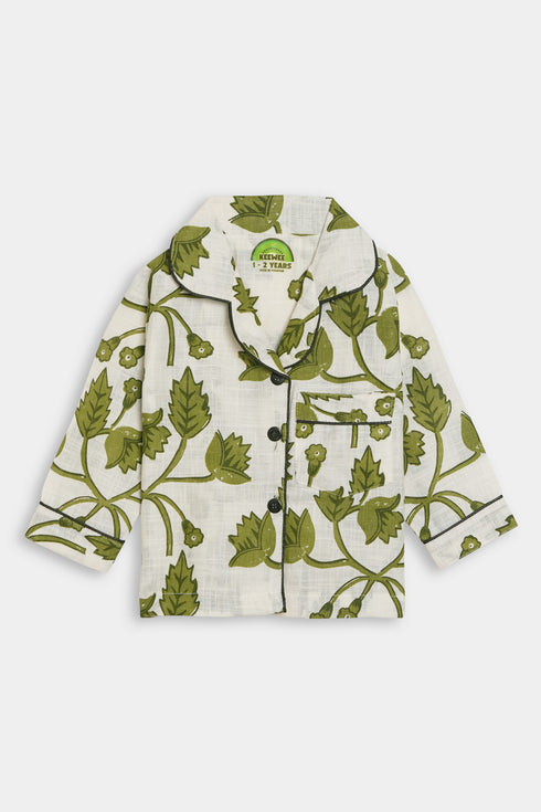 Printed Leaves Nightsuit - White