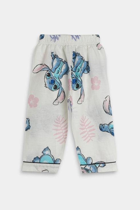Printed Stitch Flowers Nightsuit - White