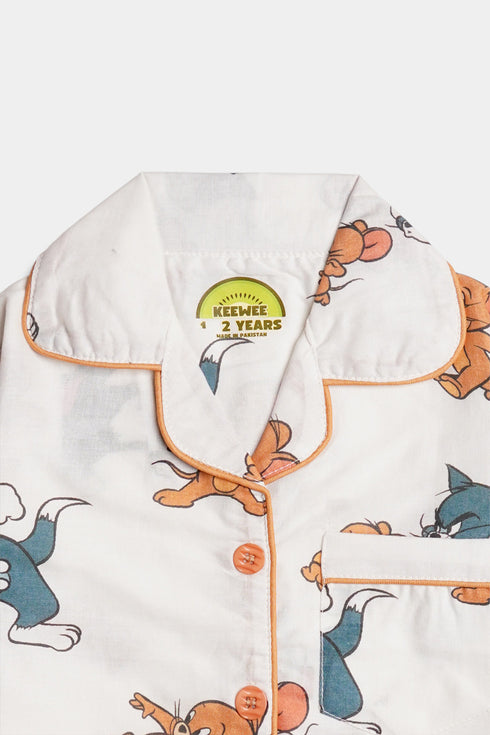 Printed Cat and Mouse Nightsuit - White