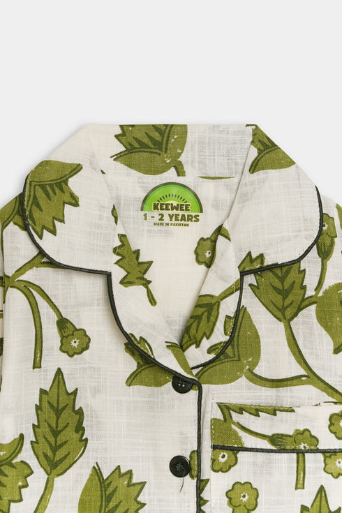 Printed Leaves Nightsuit - White