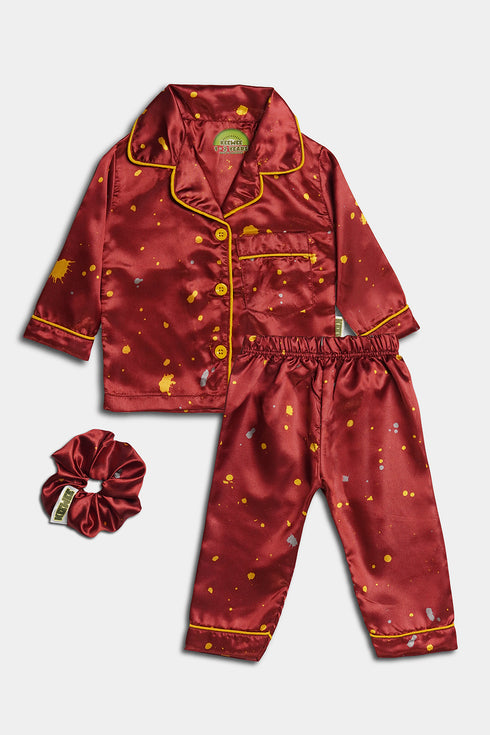 Printed Splash Silk Nightsuit - Red