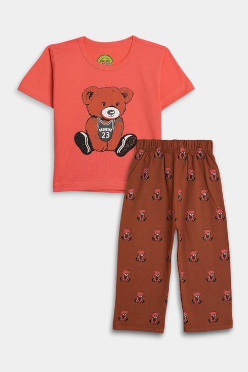 Printed Bear Nightsuit - Pink