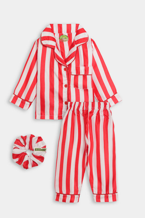Printed Stripes Nightsuit - Red