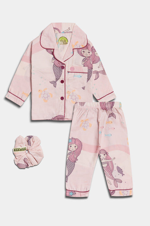 Printed Mermaid Nightsuit - Pink