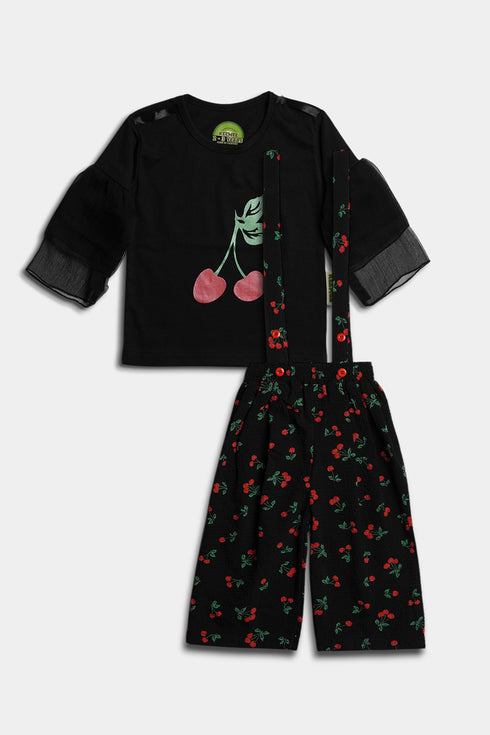 Printed Cherry Romper Set - Black
