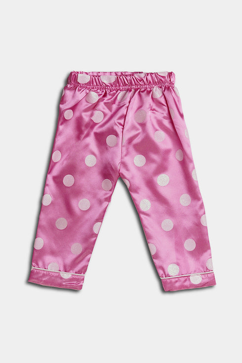 Printed Polka Silk Nightsuit - Pink