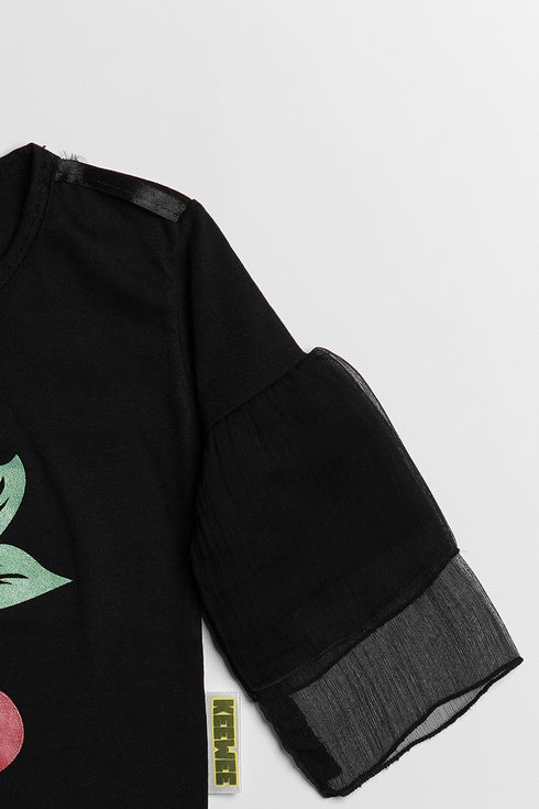 Printed Cherry Romper Set - Black