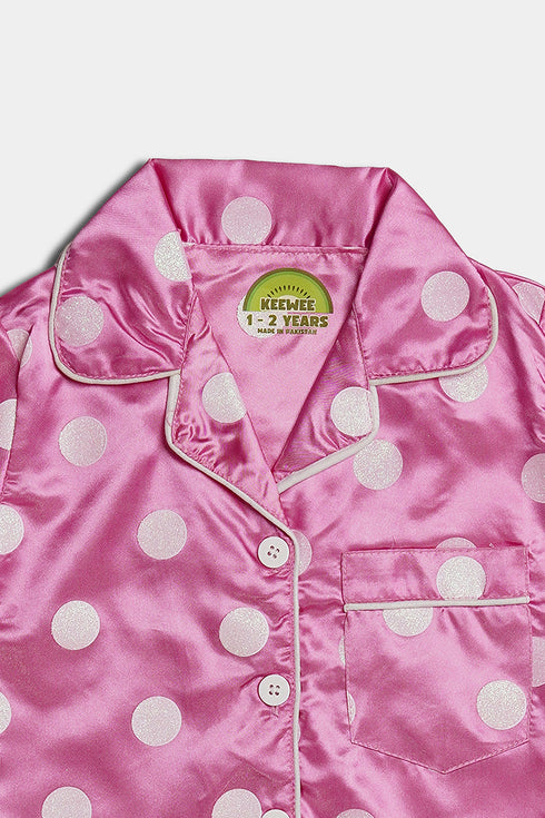 Printed Polka Silk Nightsuit - Pink